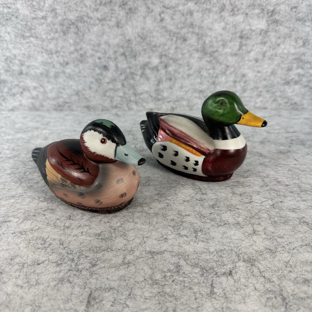 Vintage Jasco Ceramic Mallard Ducks Set Lint Remover Brush Small Figurine Decoy